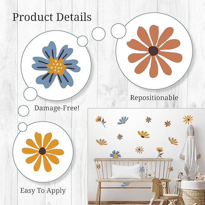 Decalcomania Wildflower Wall Decals - Set of 27 Flower Wall Stickers for Nursery Bedroom Bathroom Classroom Living Room Removable Peel and Stick Indoor Decor