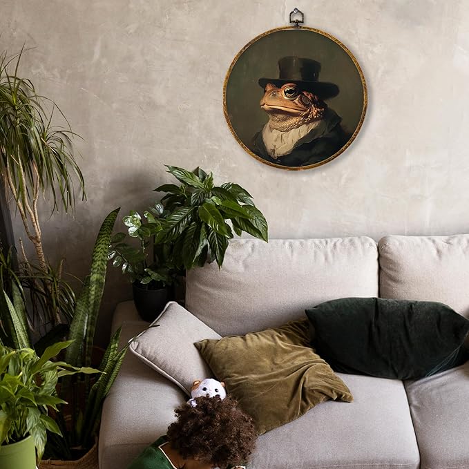 Hiuwevt Frog Round Wall Art Decor, Vintage Dark Moody Academia Frog Framed Canvas Prints, Retro Rustic Cottagecore Animal Round Wall Hanging Decor for Bedroom Home Decorations, 10x10 Inches
