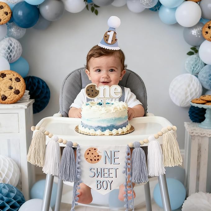Cookies One Sweet Boy High Chair Banner For Cookies Theme 1st Birthday Party Decorations With Birthday Hat