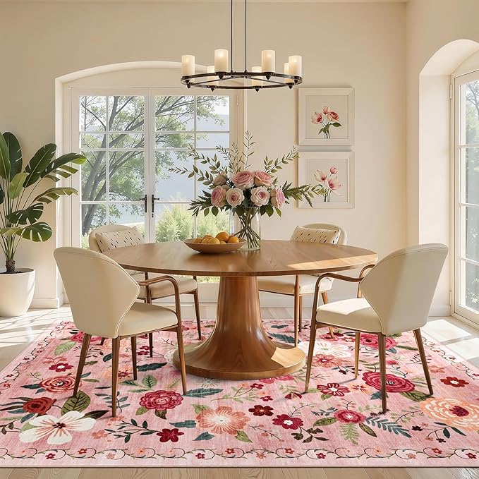 5x7 Washable Area Rug for Living Room, Floral Non-Slip Non-Shedding & Easy Care, Soft Low Pile Boho Indoor Floor Carpet for Living Room, Bedroom, Farmhouse, Dining Room, Kids Playroom, Pink