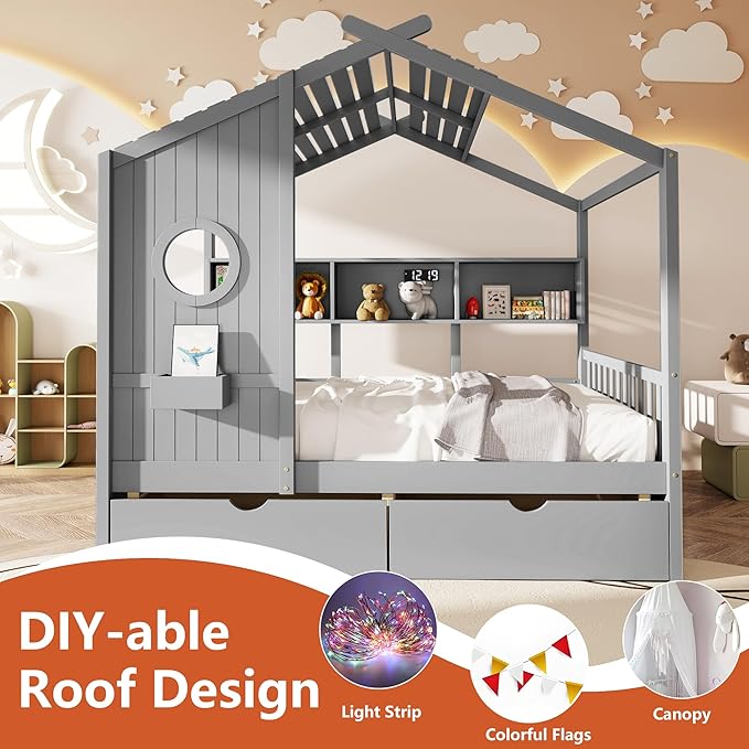 Aoowow Full Size House Bed with Storage Shelves and Drawers, Wood Platform Kids House Bed with Window and Roof for Bedroom, Full Playhouse Bed Frames for Boys Girls, Can be Decorated, Grey