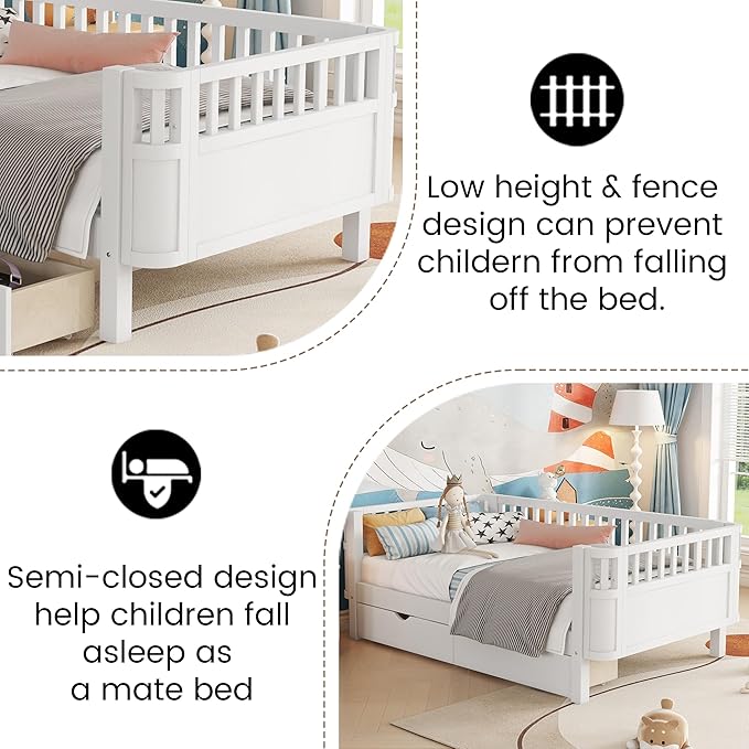 Twin Bed Frame with Rails for Kids, Wood Montessori Bed Twin with 2 Storage Drawers &Slats Support, Modern Daybed with Removable Bed Rails for Girls Boys Bedroom Living Room, White