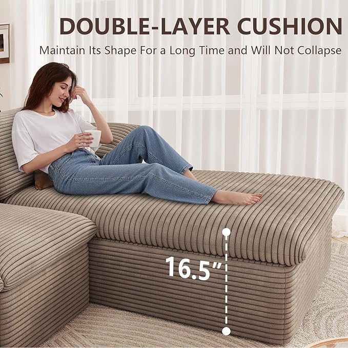 Cloud Sectional Couch,107 Inch Modular Sectional Sofa with Deep Seat, Modern Corduroy Boneless Couches with L-Shape Chaise for Living Room Bedroom, No Assembly Required (Camel, Right Facing Chaise)
