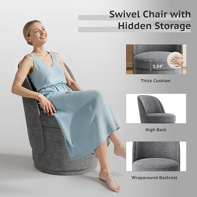Swivel Accent Chair, 360° Swivel Chair with Hidden Storage, Modern Small Barrel Swivel Armchair for Living Room/Bedroom, Darkgrey
