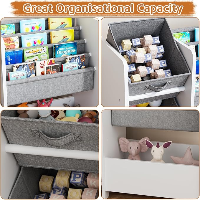 Kids Bookshelf and Toy Storage Organizer, Wooden Montessori Bookcase with Fabric Bins for Toddler, Small Room and Playroom Book Shelf for Reading Nook and Bedroom, White