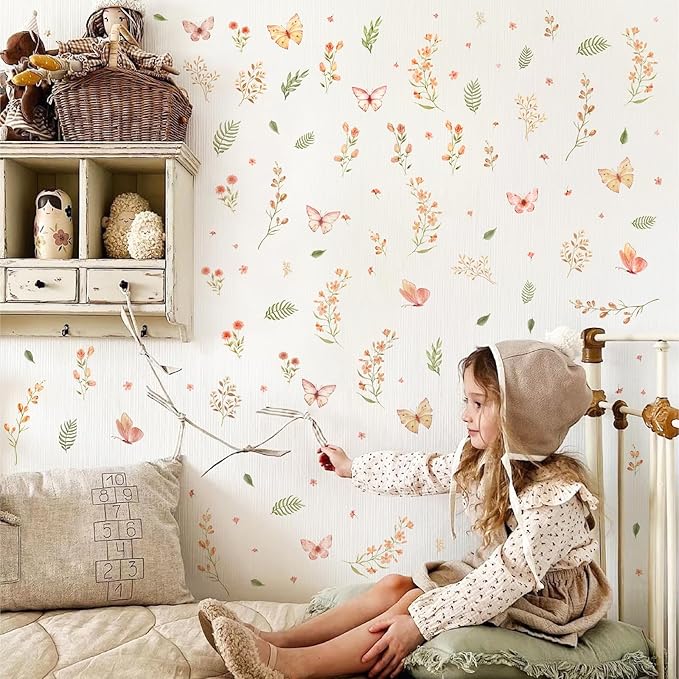 Boho Flower Wall Sticker Small Floral Wall Decals Peel and Stick Wildflower Leaf Sticker Removable Watercolor Girls Room Decal Flower Butterfly Decals for Nursery Baby Room Bedroom Decor