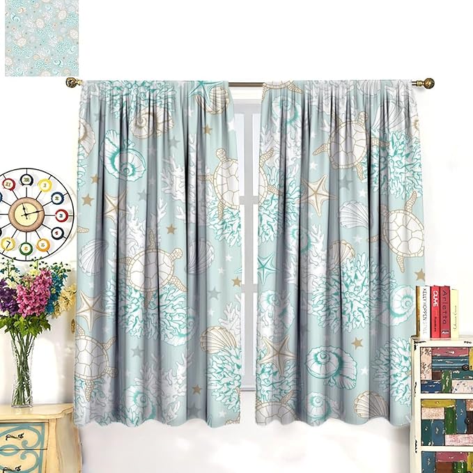 Nautical Curtains,Seagorses Coral Starfish Reef Seashell Beach Sea Seashell Pattern Blackout Print Home Bedroom Living Room Window Treatmen 2 Panel Set 42x54 Inch