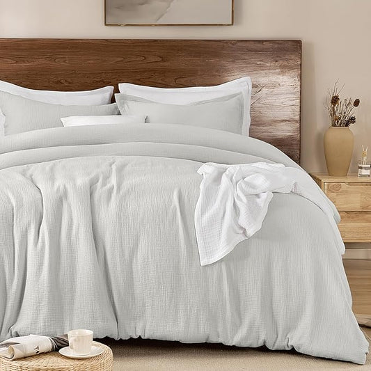 PHF Cotton Muslin Comforter Set King Size, Ultra Soft, Breathable & Lightweight All-Season Bedding, Filling: 100% Polyester, 3 Pieces with 1 Comforter 104"x90" and 2 Pillow Shams 20"x36", Light Grey