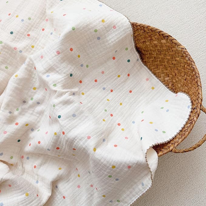 BuLuTu Muslin Blankets for Toddler Baby Boys Girls 100% Cotton Toddler Quilt Baby Blanket Reversible Nursery Crib Blanket, Soft Breathable, Colorful Dots Pattern, 47"x51"