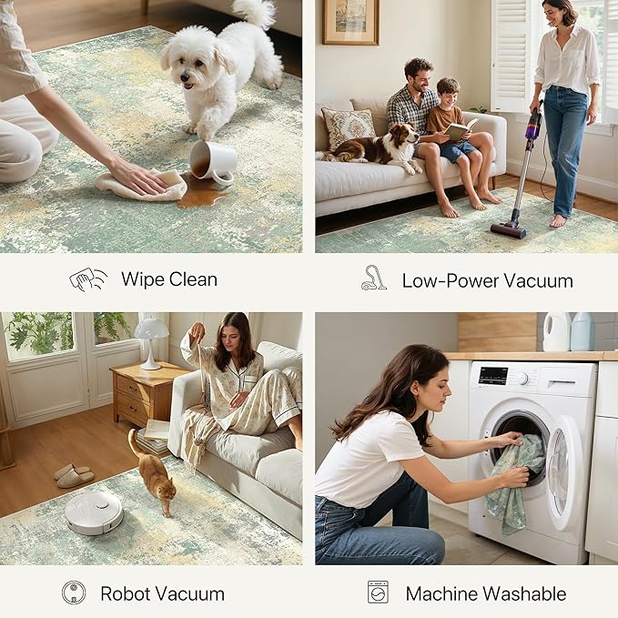 8x10 Area Rugs Washable Green Rug for Living Room Bedroom, Abstract Modern Large Rug Non Slip, Water Repellent Low Pile Soft Carpet for Dining Room, Grey Green