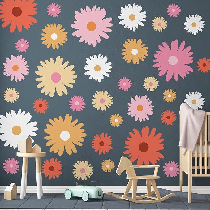 TaoBary 12 Sheets Daisy Wall Decal Flower Wall Sticker Cute Daisy Sticker Pink White Flower Decal Peel and Stick Floral Wallpaper for Nursery Bedroom Home Decor(Bright Color,Artsy Style)