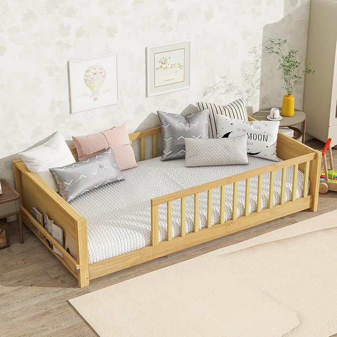 Floor Bed with Rails Twin Size, Wood Montessori Floor Bed with Storage Bookcase, Kids Bed Frame with Fence for Boys Girls, Natural