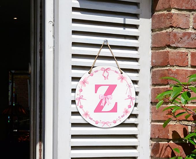 Monogram Round Sign For Front Door, Cherry Bow Theme Sign For Porch Art Wall Door, Initial Signs Hanging Ornament For Indoor Outdoor, Decorations Gifts For Four Seasons Rustic Home Kitchen, Z, A26