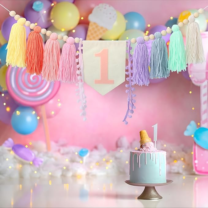 Boho Macaron Handmade Extended 1st Birthday High Chair Banner Wild One First Highchair Banner for Baby Girls Wood Bead Tassel Garland 1 Birthday Party Decorations Photo Props 6