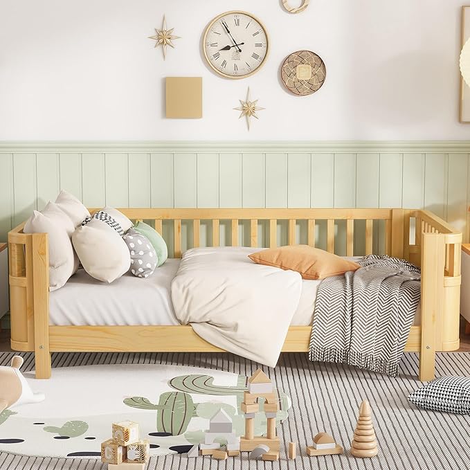 Twin Bed Frames Kids with Rails, Wood Montessori Twin Bed with Slats Support, Modern Low to Ground with Removable Bed Rails for Girls Boys Bedroom Living Room, Natural