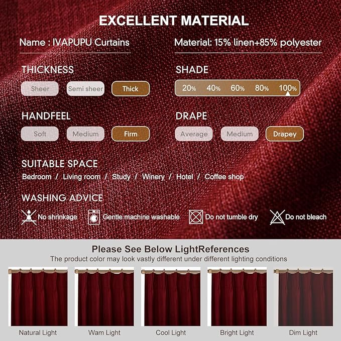 IVAPUPU Linen Pinch Pleated Blackout Curtains for Bedroom - Full Black Out Red Curtains 95 Inch Long 2 Panel for Living Room Darkening Thermal Window Curtain Drapes for Christmas Decor