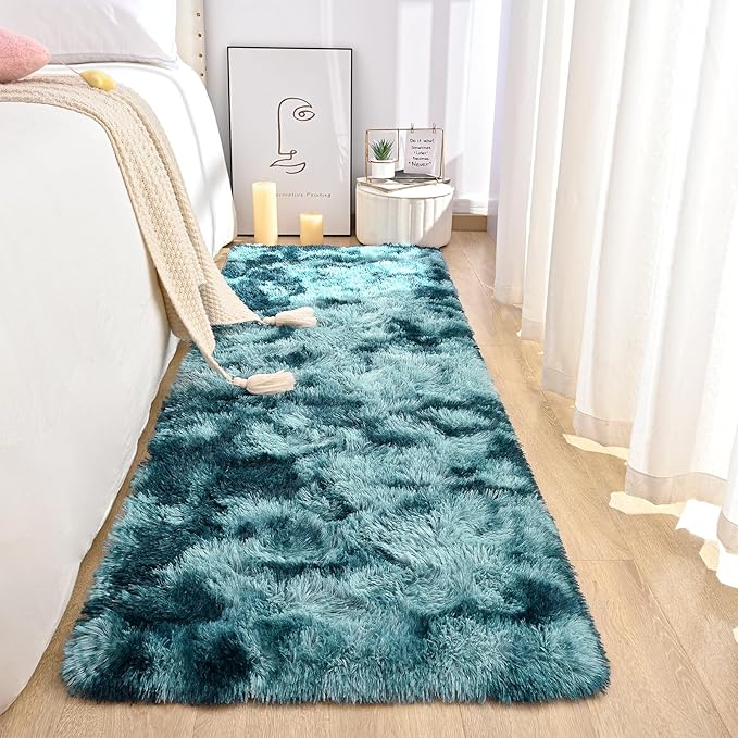 DweIke Fluffy Peacock Blue Runner Rugs for Bedroom, 2x6 Feet Soft Plush Long Runners for Girls Boys Kids, Non-Slip and Machine Washable Bedside Rug, Small Throw Carpet for Hallway Rooms Decor