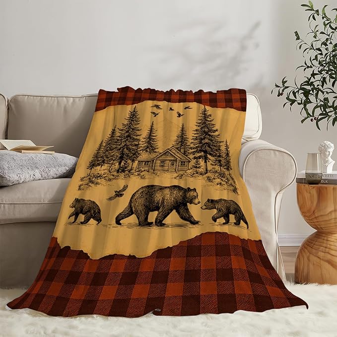 Bear Blanket Rustic Cabin Country Bear Hunting Throw Blanket Soft Cozy Fleece Fuzzy Plush Warm Stuff Bedding Wild Animal Blankets Gifts for Boys Girls Kids Adult Men Women 40"X50"