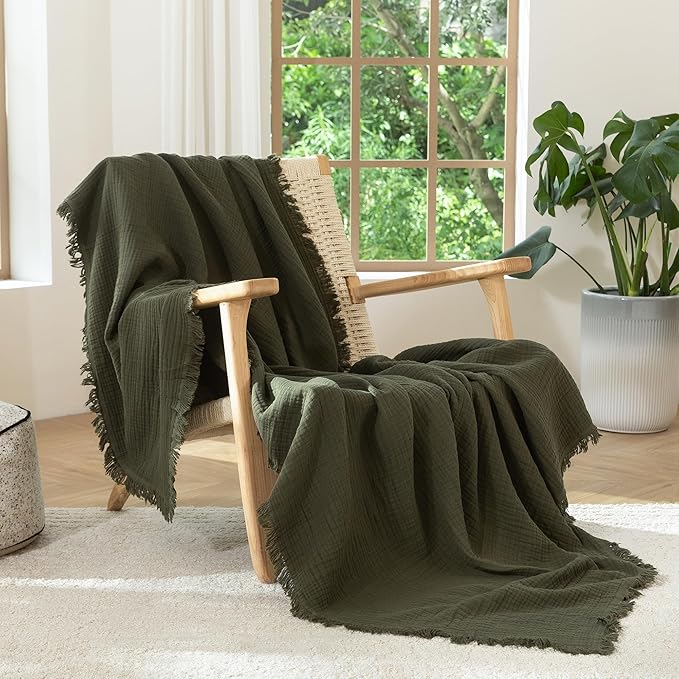 MooMee Muslin Blanket - 100% Cotton 4-Layer Gauze Throw Blanket with All-Around Fringe, Ultra-Soft Breathable Lightweight Cooling Decorative for Bed, Sofa & Couch (Olive Green,Throw 60" x 50")