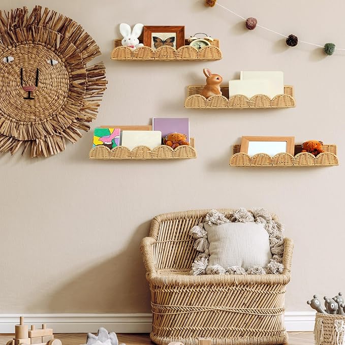 Pinkunn 4 Pcs Nursery Book Shelves 15.8 Inch Rattan Scalloped Floating Bookshelves Wicker Boho Book Shelf for Wall Mounted Decor Nursery Rooms Hanging (Classic)