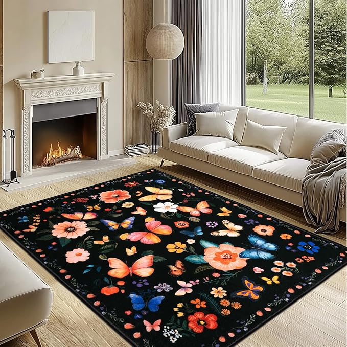 8x10 Machine Washable Area Rug, Non-Slip Large Vintage Floral Floor Rugs for Kids, Low Pile Room Carpet for Living Room, Bedroom, Dining Room & Nursery(8x10 Black Floral)