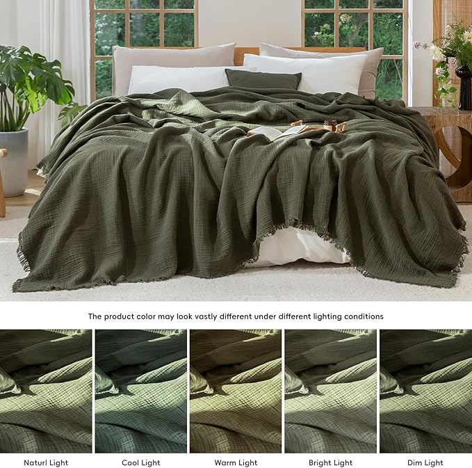 MooMee Muslin Blanket - 100% Cotton 4-Layer Gauze Throw Blanket with All-Around Fringe, Ultra-Soft Breathable Lightweight Cooling Decorative for Bed, Sofa & Couch (Olive Green,Twin XL 66" x 90")