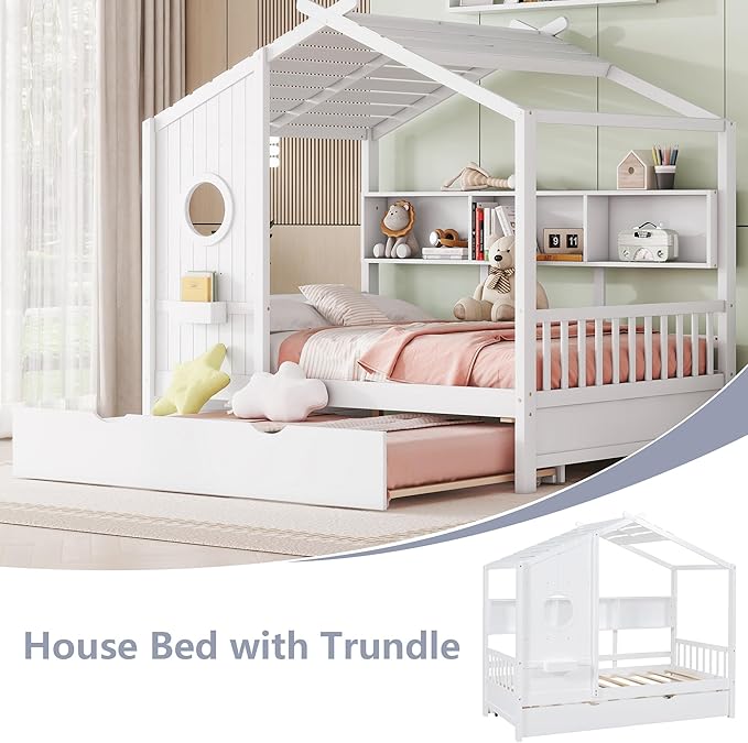 Full Size Bed Frames for Kids, House Bed with Trundle and Shelves, Wood Playhouse Platform Bed Frame with Window and Fence for Boys Girls, White, 74.4" L x 58" W x 72" H