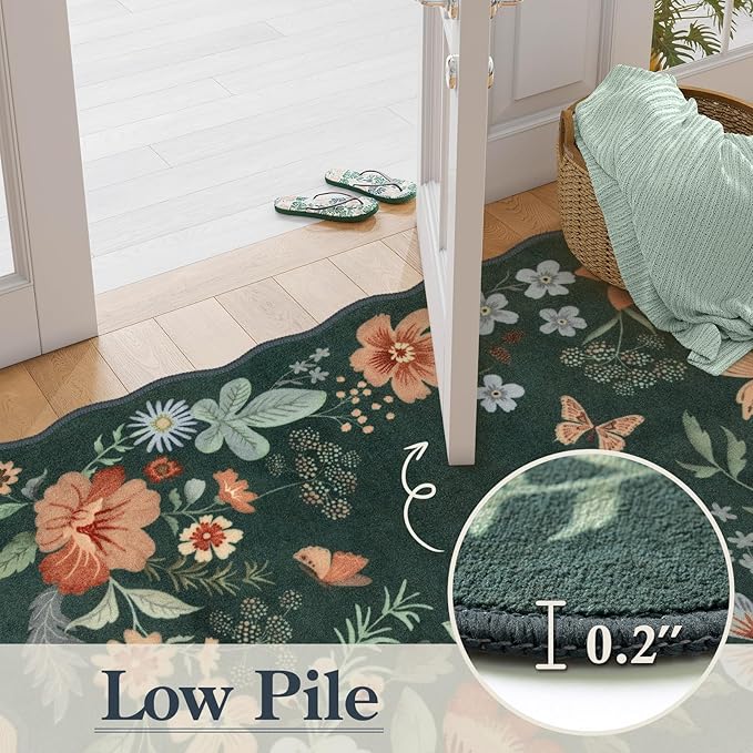 Lahome Floral Small Rug, 2x4 Kitchen Rugs Non Slip Washable Rug Ultra-Thin, Soft Front Door Mat Indoor Entrance Stain Resistant Boho Low-Pile Entry Carpet for Bathroom Bedroom(2x4ft,Dark Green)