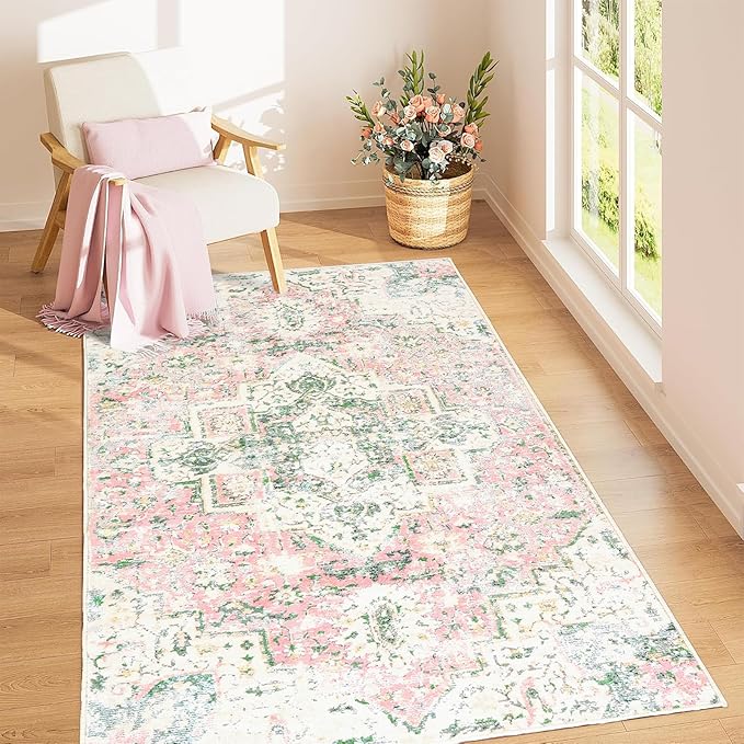 3x5ft Pink and Green Area Rugs for Nursery Soft Washable Area Rug Boho Vintage Non Silp Carpet for Entryway Bedside Girls' Room