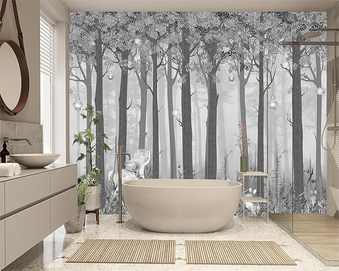 XMPMBM-Grey Cartoon Tree Nursery Room Fabric Wallpaper Misty Forest Wall Mural-W 88" X H 59"（36 Square Foot）