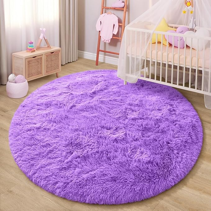 EVOIONOS Purple Round Rug for Living Room, 6x6 Ft Fluffy Soft Circle Area Rugs for Bedroom, Plush Shaggy Circular Carpet for Indoor Floor Bedside Kids Nursery, Machine-Washable Home Decor Aesthetic