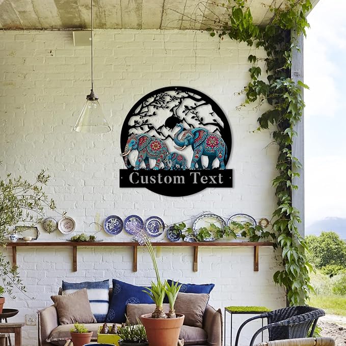 Personalized Family/Last Name Signs, Metal Signs Customized, Elephant Wall Art for Living Room/Office/Hallway/Entryway/Porch Decor, Personalize New Home Gift for Couples