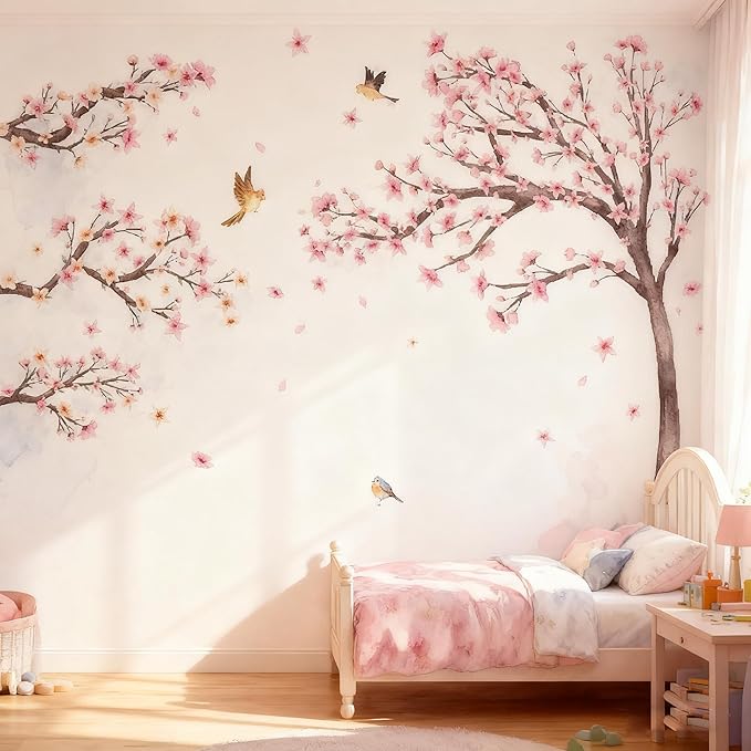 Large Pink Flower Tree Branch Wall Stickers Cherry Blossom Floral Birds Peel and Stick Wall Decals Art for Girls Bedroom Living Room TV Wall Decor