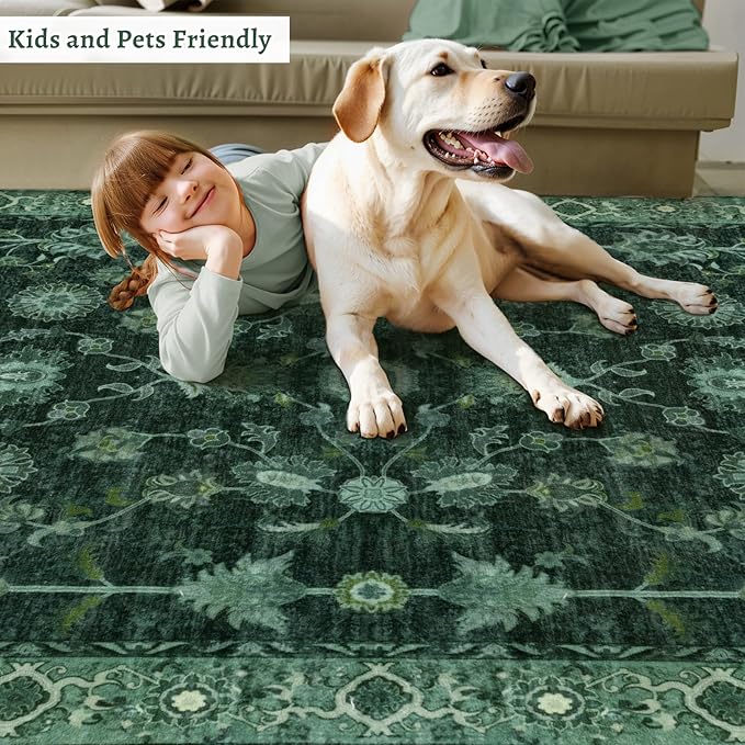 Tangsoo Green 2x6 Runner Rug Non Slip Washable for Kitchen Bathroom, Vintage Floral Boho Rug Runner for Hallway Entryway, Low Pile Carpet Door Mat Indoor Entrance for Bedroom Laundry Pet&Kids Friendly