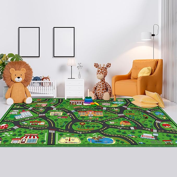 Tinideya Kids Carpet Playmat Rug Player Car Rug, 8 x 10 ft Traffic Map Mat Educational Game Area for Toddler Children Playroom Classroom Bedroom (City, Green)