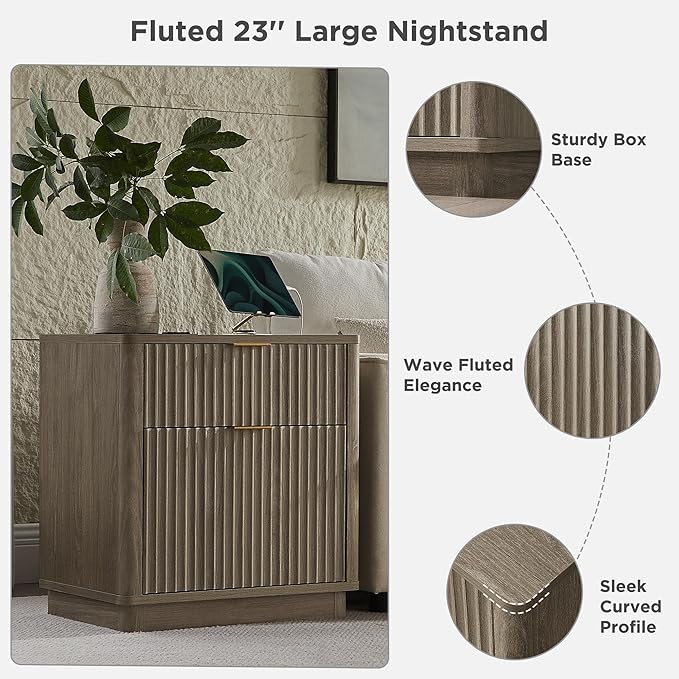T4TREAM 23'' Fluted Nightstand with Charging Station, Large 2 Drawer Side Table, Modern End Table with Storage, Mid Century Bedside Table for Bedroom, Living Room, Curved Profile, Grey Alder