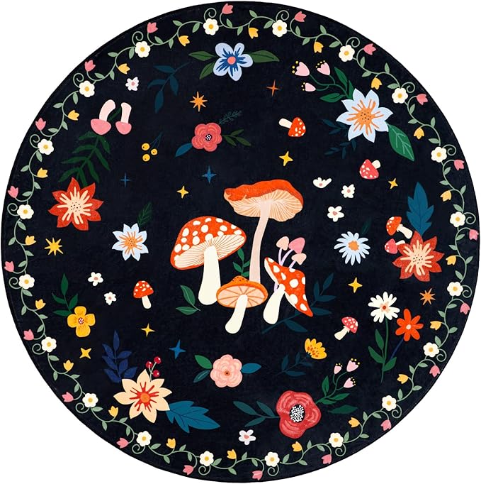 4' Machine Washable Round Area Rug, Non-Slip Vintage Floral Circle Floor Rugs for Kids, Low Pile Room Carpet for Living Room, Bedroom, Dining Room & Nursery(4' Black Mushroom)