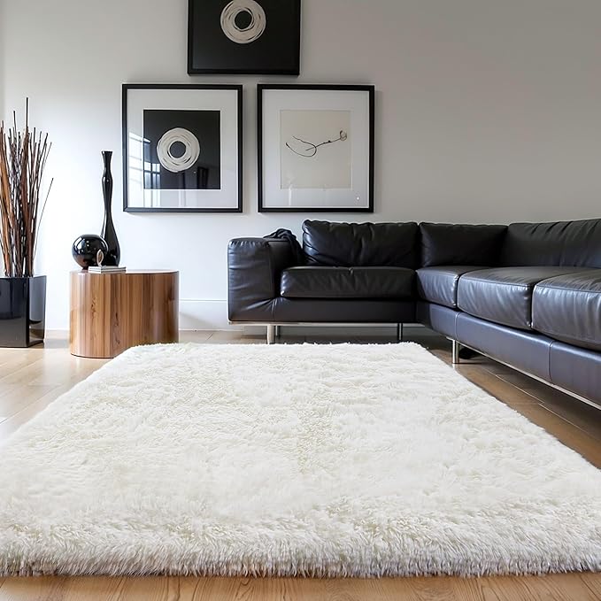 Thick Area Rug Cream White Fluffy Shag 3x5 for Girls Bedroom, Soft Plush Fuzzy Shagggy Carpet for Living Room, Thickened Washable Non-Slip Furry Rug for Kids Toddler Boys Dorm Nursery, Ivory