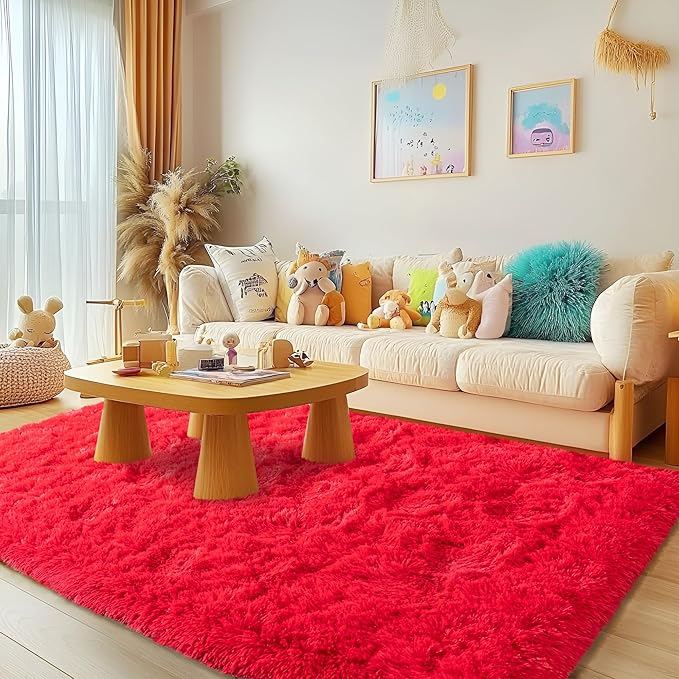 2x6 Fluffy Area Rug - Soft Shag Runner Rug for Bedroom - Non Slip Runner Living Room Rug Plush Carpet Runner Red