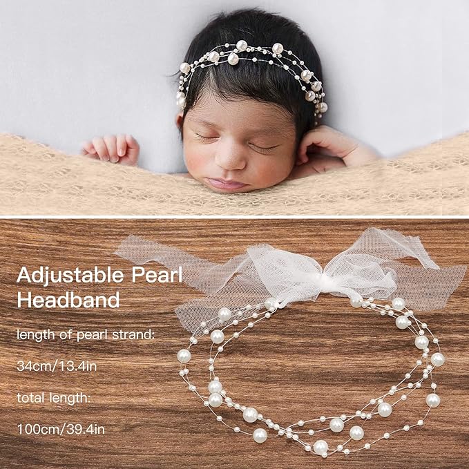 SPOKKI 2 PCS Baby Props Photography Wrap Kit, Newborn Photography Props, Handmade Pearl Wrap Blanket for Baby Photo Props with Pearl Headband, 35.5 X 67 inch Newborn Outfits for Photography (Beige)