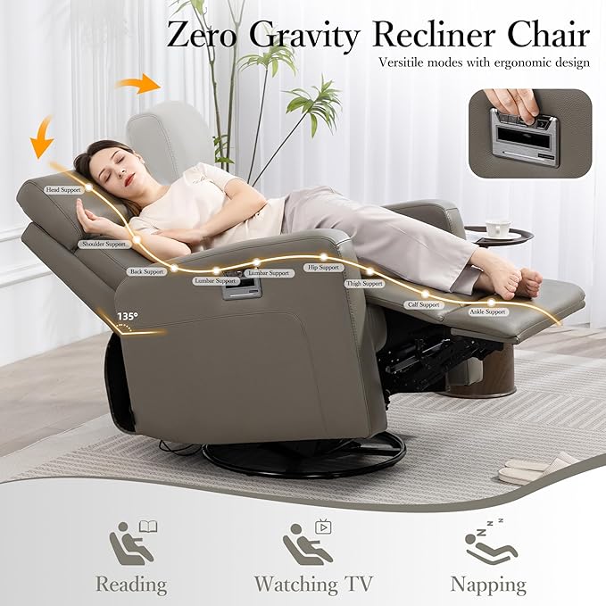 Genuine Leather Power Swivel Recliner Chair, Glider Electric Rocking Chair for Adults. Nursery Rocker Sofa Chair with Adjustable Headrest for Living Room. Wireless Charging/Type-C&USB, Grey