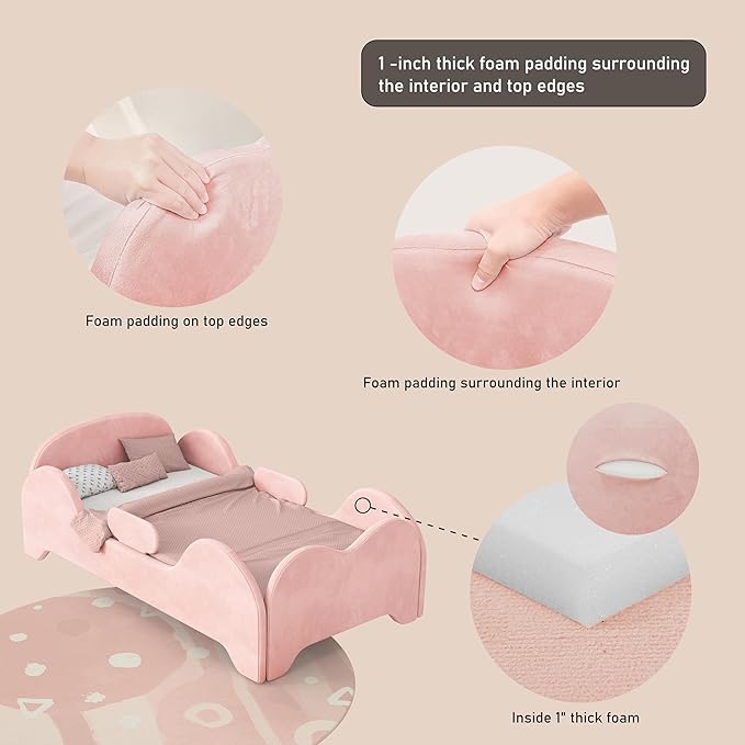 Toddler Bed, Toddler Flood Bed with Extra Safety Broad, Standard Crib Size for Kids, Certified Fabric Beds, Low to Floor Design (Pink)