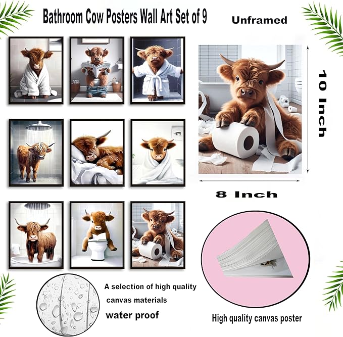 Funny Bathroom Highland Cow Wall Art, Vintage Brown Cow Animal Canvas Posters Prints Home Decor Set of 9, for Farmhouse Kids Bathroom Decoration Restroom Artwork 8x10In Unframed