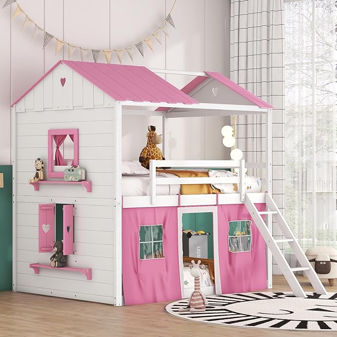 Full Size House Bunk Bed with Elegant Windows and Sills, Solid Wood Tent Bed Frame with Guardrails for Kids Teens Boys Girls, Versatile Spacious Under Bed Space with Curtains (White+Pink C)