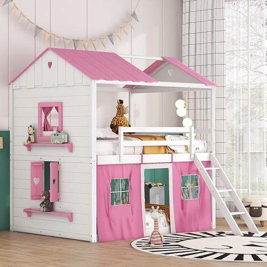 Full Size House Bunk Bed with Elegant Windows and Sills, Solid Wood Tent Bed Frame with Guardrails for Kids Teens Boys Girls, Versatile Spacious Under Bed Space with Curtains (White+Pink C)