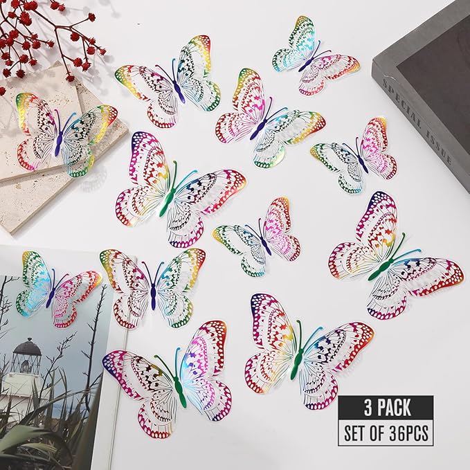 36PCS Butterfly Wall Decals - Butterflys Stickers Mural Wall Decor Home Decor Kids Room Bedroom Decor Living Room Decor, Removable Reusable Stickers(Rainbow)