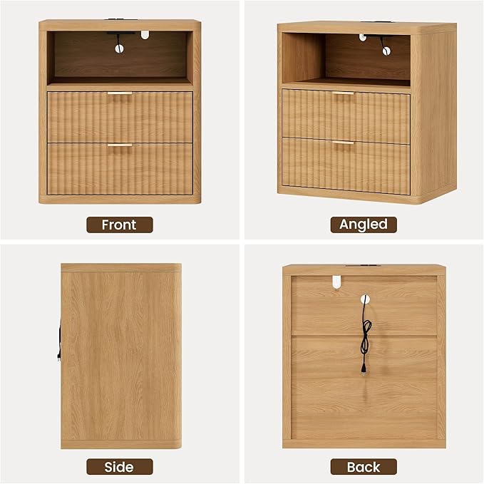 Fluted Nightstand with Charging Station, 21.7" Wide Modern Night Stand with 2 Drawers Open Storage Cabinet, Wooden Bedside End Table for Bedroom, Natural Oak