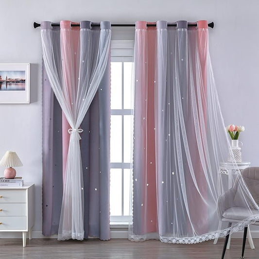XiDi Ombre Gray and Pink Blackout Curtains for Girls Bedroom 63 Inch Length 2 Panels,Grommet Window Drapes for Kids Room Decro Pink Grey