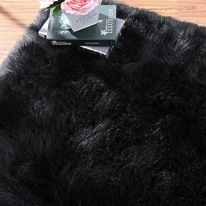 Black Rugs for Living Room 8x10 Area Rugs for Bedroom Shag Washable Faux Sheepskin Fuzzy Fur Rug Large Boho Nursery Rug