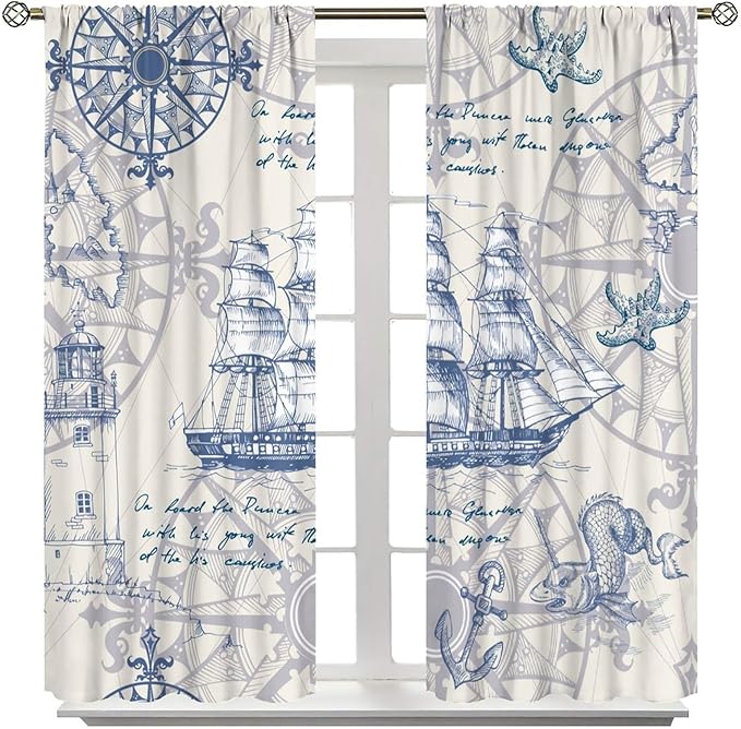 Nautical Sailboat Map Curtain,Ship Compass Lighthouse Anchor Decorative Curtain Polyester Fabric Waterproof Bedroom Curtain Set 2 Panels,52x84 Inches